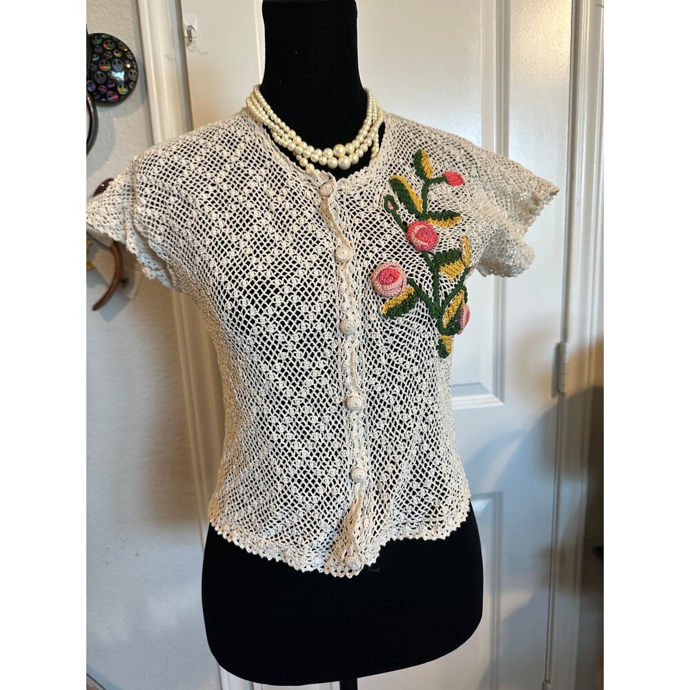 Vintage Merilene Hand Crocheted Floral Cardigan - Cropped Boho 3D Flower Top